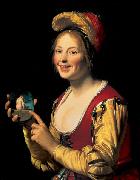 Gerard van Honthorst Smiling Girl, a Courtesan, Holding an Obscene painting